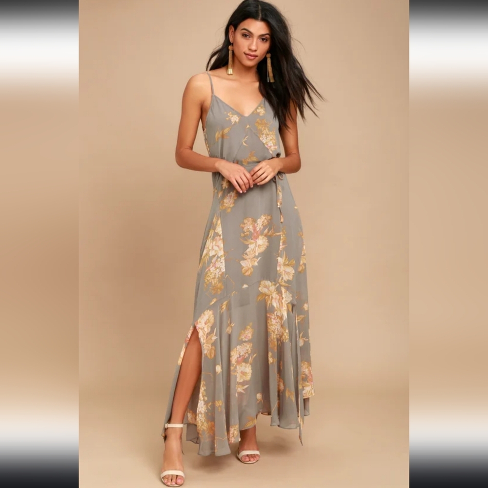 Dress Forum Gray Butter Yellow Floral Maxi Sheer Fairy Boho Lined Easter M